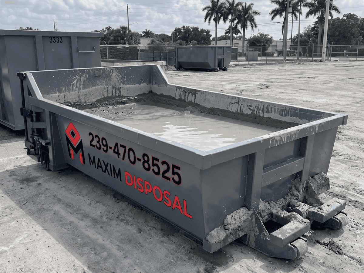 6.5 yard concrete washout container on a pour site with concrete residue around the base