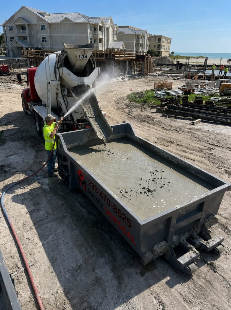 Concrete mixer chute being rinsed into a Maxim Disposal 6.5 yard concrete washout container on a coastal jobsite