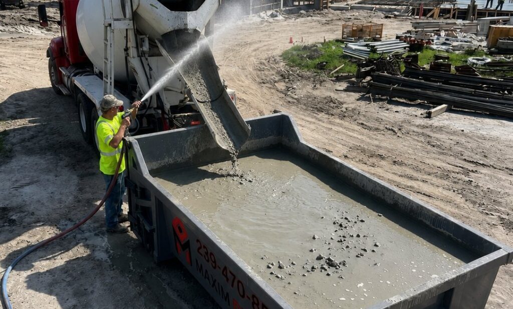 Maxim Disposal 6.5 yard concrete washout container in use on a pour, chute being rinsed