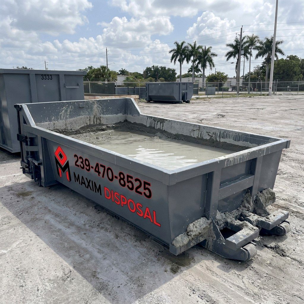 Maxim Disposal 6.5 yard concrete washout container holding washout water and settled concrete