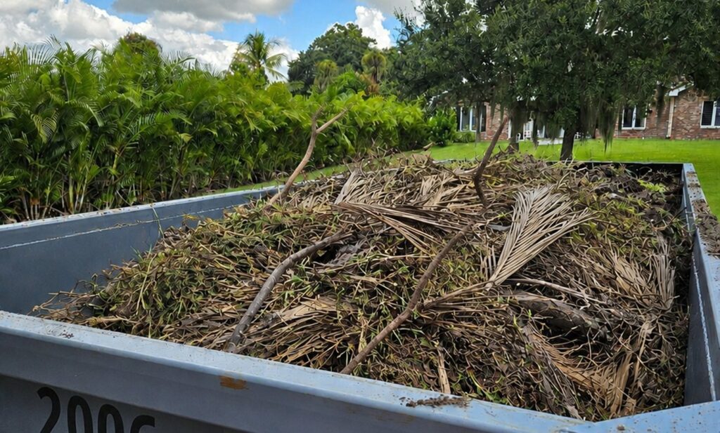 Roll-off container loaded with palm fronds, hedge trimmings and branches from yard work